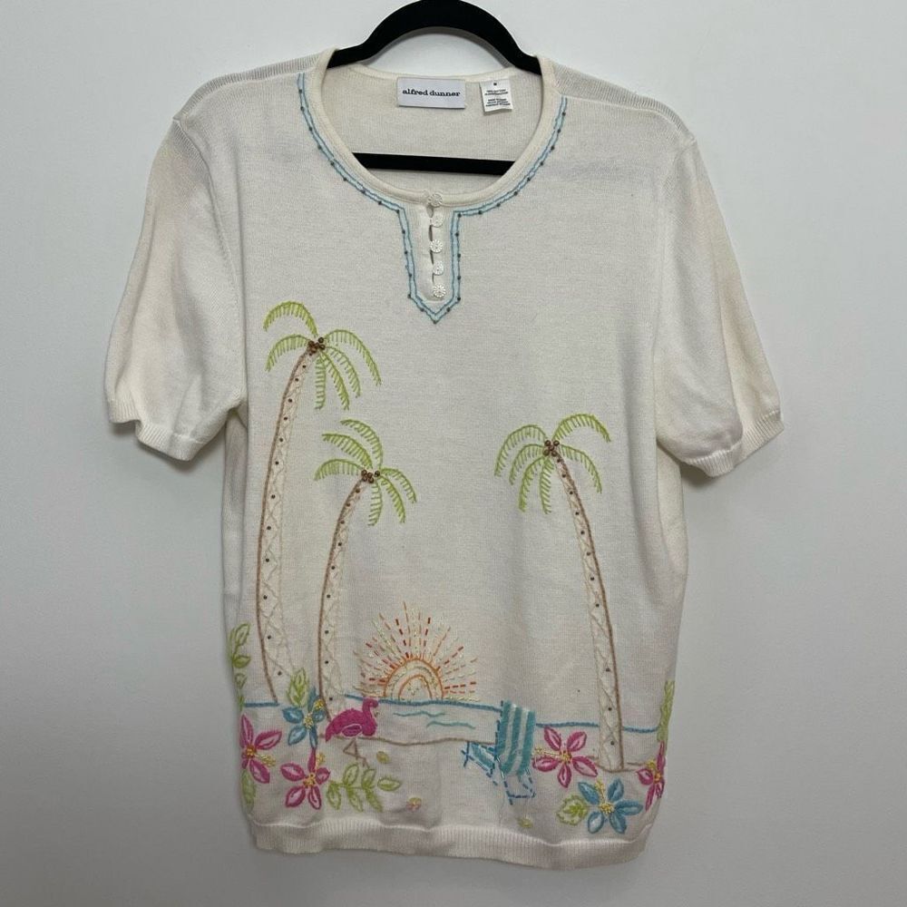 Alfred Dunner Women's Short Sleeve Tropical Stitch Print White Top Size M
